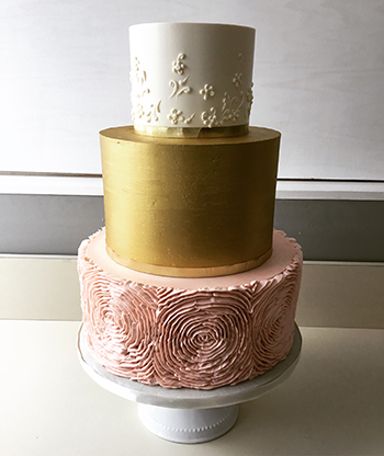 3 Tier ivory, gold and blush ruffles all buttercream wedding cake, delivered to Cameron Estate Inn, in Mount Joy, PA