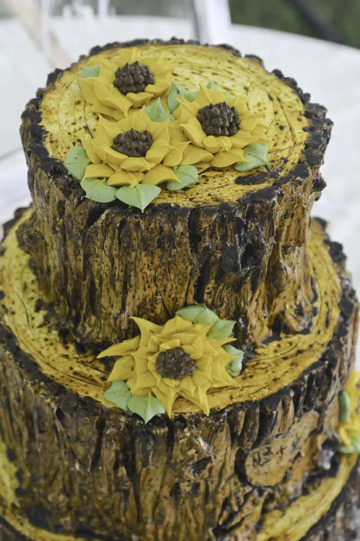 Top view of 3 tier rustic buttercream tree stump cake decorated with buttercream sunflowers