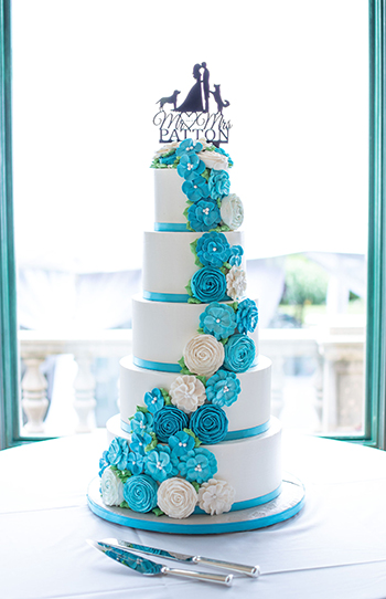 5 Tier  buttercream wedding cake, decorated with turquoise ribbons and turquoise and white buttercream flowers, delivered at Box Hill Mansion in York PA