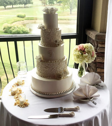 5 Tier buttercream wedding cake, decorated with buttercream lace and handmade sugar flowers delivered at The Heritage Hills Golf Club York PA