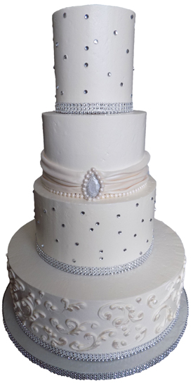 4 Tier buttercream wedding cake decorated with a fondant sash and pearls, diamonds and an edible brooch. Wedding Cakes Harrisburg PA