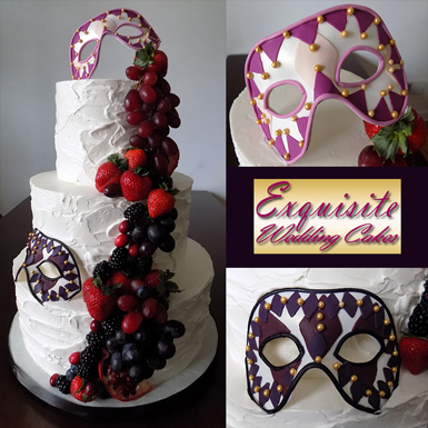 3 Tier rustic textured buttercream wedding cake decorated with an assortment of cascading fresh fruit as well as hand made gum paste sugar face masks. Flavor of cake was raspberry cake, filled with raspberry buttercream and iced in vanilla buttercream. Wedding cake was delivered in Red Lion PA.