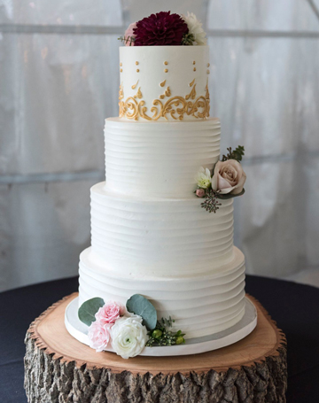 3 Tier Gold scrolls and rustic buttercream wedding cake. Wedding Cakes at Historic Shady Lane Manchester PA