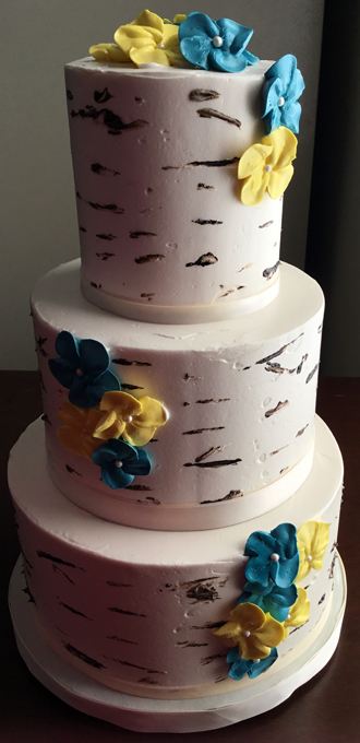 3 Tier birch tree themed wedding cake decorated with yellow and teal/turquoise buttercream blossom flowers - wedding cakes Baltimore MD