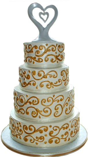 4 Tier buttercream wedding cake with gold buttercream scrolls and satin ribbons with a cake topper. 